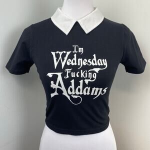 Dolls Kill Wednesday Adams Black Cropped Shirt White Pointed Collar Small